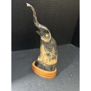 Vintage Hand Carved Bovine Horn Elephant Sculpture mounted on wooden base 9.25"